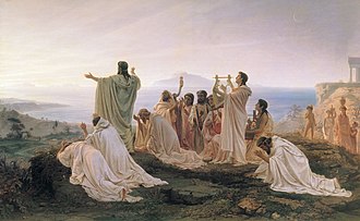 Lukisan yang menunjukkan sejumlah orang berpakaian putih di ujung tebing. Orang yang di tengah mungkin adalah Pythagoras.