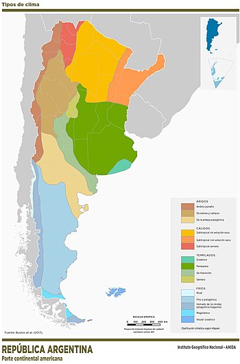 Map showing the different climate zones found within Argentina