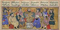 Manuscrito persa do século catorze mostrando como o embaixador da Índia trouxe o xadrez para a corte persa