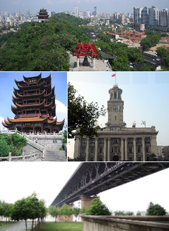 From top: Wuhan and the یانګ تسه سیند، Yellow Crane Tower, Wuhan Custom House, and Wuhan Yangtze River Bridge