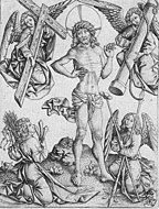 Grabado de c. 1460 del Maestro E. S. del Varón de Dolores con el Arma Christi