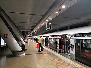 A side platform which is separated from the train with half-height platform screen doors.