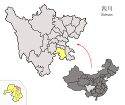 Location of Nanxi District (red) within Yibin City (yellow) and Sichuan