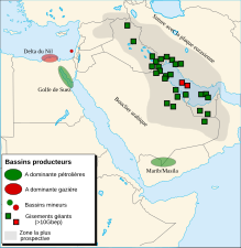 Carte montrant les gisements de pétroles situés au Moyen-Orient.