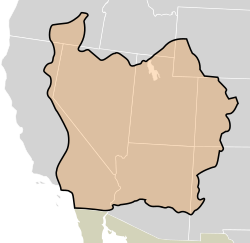 The boundaries of the provisional State of Deseret (orange with black outline) as proposed in 1849. Modern state boundaries are underlaid for reference.