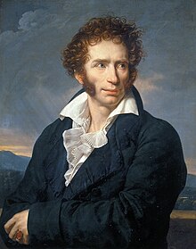 Painting of Foscolo: he has curly red hair, side burns, light eyes and skin