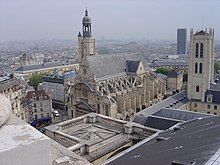 Saint-Étienne du Mont vue depuis le Panthéon (sorte de vue aérienne) avec à droite la tour Clovis du Lycée Henri IV.