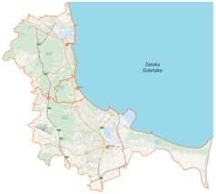 Mapa konturowa Trójmiasta, u góry nieco na lewo znajduje się punkt z opisem „Gdynia”