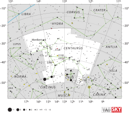 圖中顯示半人馬座的恆星位置、邊界和其周邊的星座，並以紅圈標示庫樓三（半人馬θ）。
