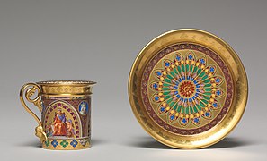 Goblet and saucer, decorated with French kings and gilding, Sèvres, 1827.