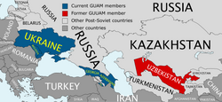 Mapa con los miembros actuales del GUAM (en azul)