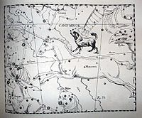 Созвездие Малого Пса (выше и чуть правее центра) в ��тласе звёздного неба Яна Гевелия, 1690 год