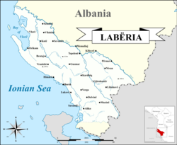 Map of Labëria, based on the more expansive version (see Labëria#Extent)