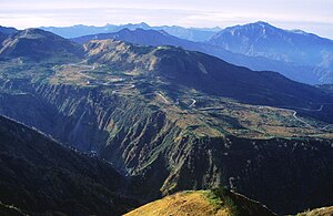 奥大日岳から望む弥陀ヶ原を通る立山有料道路、その稜線の左から室堂山、国見岳、天狗山、右奥に薬師岳（1994年10月10日撮影）