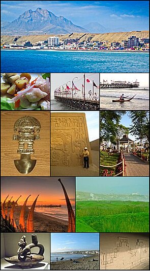 From top and left to right: View of Huanchaco beach, Dish of cebiche, Huanchaco pier, Saveguard in Caballito de Totora, Tumi: Chimu work, Chan Chan: Chimu capital, Park in Huanchaco, Night view of the pier, Swamps of Huanchaco, Navegator Chimu in a Caballito de Totora, Surfers in Huanchaco, Wall in Chan Chan