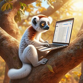 AI-generated image of a Coquerel's sifaka, a white, brown, and black lemur, sitting in a tree editing Wikipedia on a computer