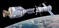 Image 93An artist impression of an American Apollo spacecraft and Soviet Soyuz spacecraft docking, a propaganda portrait for the Apollo–Soyuz Test Project mission (from 1970s)