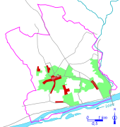 Carte en couleur représentant les étapes de développent du bâti d'un bourg.