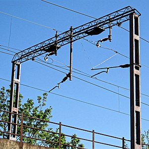 Railway overhead line electification gantry Church Road Tottenham London England