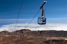 Cabine de téléphérique suspendue dans le paysage de la caldeira.