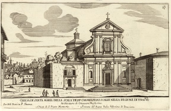 Santa Maria della Scala. Gravyr av Giovanni Battista Falda. Till vänster om fasaden ses Oratorio dei Santi Teresa e Carlo.