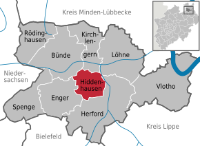 Poziția orașului Hiddenhausen pe harta districtului Herford