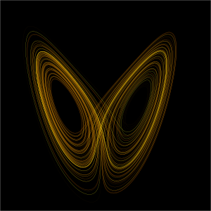 A plot of the trajectory Lorenz system for values ρ=28, σ = 10, β = 8/3