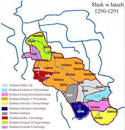 Največji obseg ozemlja vojvodine med vladanjem Henrika V. Legniškega (oranžno)