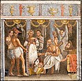 Image 67All-male theatrical troupe preparing for a masked performance, on a mosaic from the House of the Tragic Poet (from Roman Empire)