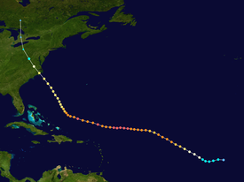 Map plotting the storm's track and intensity, according to the Saffir–Simpson scale