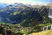 Vue de Wengen, de la vallée de Lauterbrunnen et du téléphérique de Mürren depuis Männlichen.