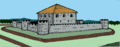 Rekonstruktionsversuch des spätrömischen Burgus von Goch-Asperden (D), Kernwerk mit Außenmauern, Zwischentürmen und Graben