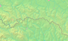 Mapa konturowa Beskidu Niskiego, blisko centrum na lewo znajduje się czarny trójkącik z opisem „Busov”