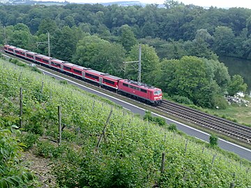 Mainleitenstraße und Bahnstrecke und Weinbergen an der Peterstirn