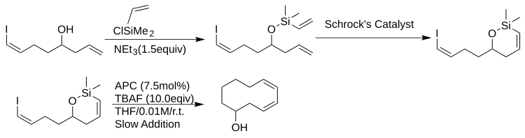 Hiyama coupling as a ring-closing reaction. Note, that there will be an 8 Carbonatom ring instead the shown 10-Carbon ring. (See the Paper)