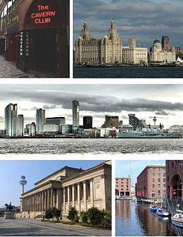 Fan lofts boppe, mei de klok mei: de Cavern Club, de Three Graces of the Pier Head (it Liver Building, Cunard Building en Port of Liverpool Building), silhûet fan Liverpool's sakedistrikt, it Albert Dock en St George's Hall