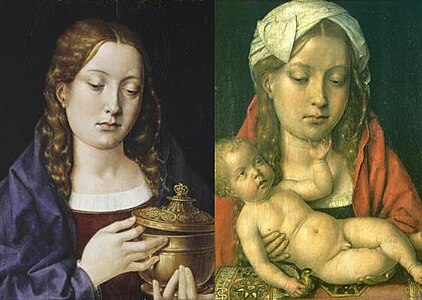 Deux portraits par Sittow d'une Catherine d'Aragon de 15 ans dans le rôle de Marie Madeleine et d'une Vierge à l'Enfant, XVe siècle.