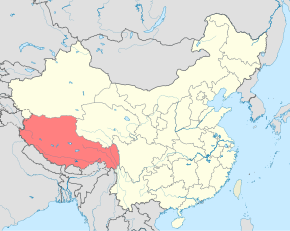 Tibetská autonomní oblast (červeně) v Čínské lidové republice