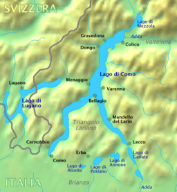 Kart over Comosjøen. Sveits ligg nordvest for innsjøen.