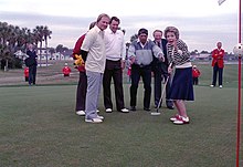 Nancy Reagan reacting to a putt with Jack Nicklaus, Lee Trevino, and Raymond Floyd in 1987