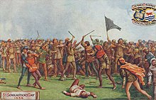 Artists impression of two groups of individuals fighting; a black flag is flying above one group, and some people are bearing cudgels