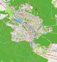 Mapa konturowa Starachowic, blisko centrum u góry znajduje się punkt z opisem „Szlakowisko”