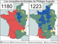 Groei van het Franse kroondomein (blauw) onder Filips II