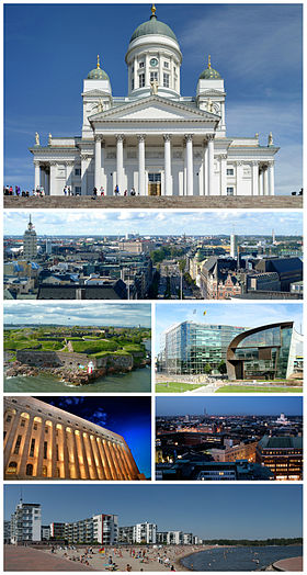Clockwise from top: Helsinki Cathedral, view of central Helsinki, Headquarters of Sanoma, Helsinki city centre at night, beaches at Aurinkolahti, Parliament House and Suomenlinna.