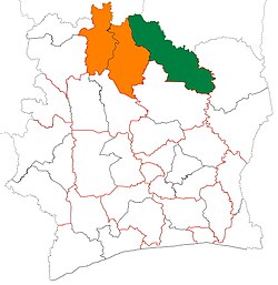 Location of Tchologo Region (green) in Ivory Coast and in Savanes District