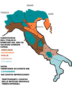 Exarcaus d'a peninsula italica mientres o dominio bizantín.