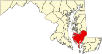 Map of Maryland highlighting Dorchester County