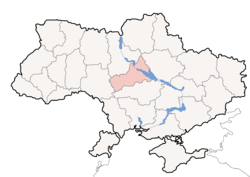 Location o Cherkasy Oblast (red) athin Ukraine (blue)