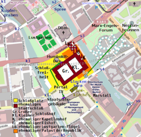 Projektion der Domkirche (olivgrün) und ihres Glockenturms (blau) in einen heutigen Stadtplan. Weiter nördlich ist der Grundriss des jetzigen Doms erkennbar.