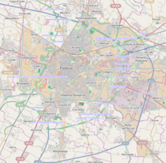 Mapa konturowa Padwy, blisko centrum na lewo u góry znajduje się punkt z opisem „Uniwersytet Padewski”